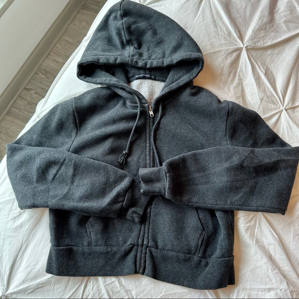 Brandy Melville Crystal Cropped Hooded Jacket in Dark Heather Grey